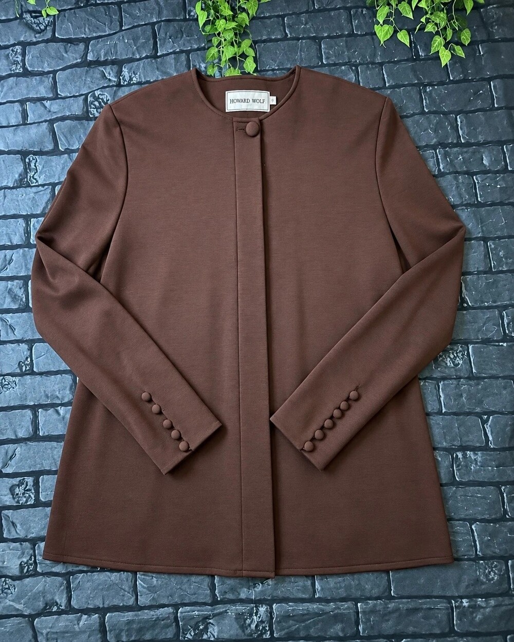 Vintage Howard Wolf Brown Collarless Longline Jacket Size 14 Made in USA